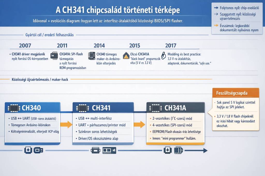 CH341 chipcsalád fejlődését bemutató idővonalas ábra, amely a CH340, CH341 és CH341A típusok közötti technológiai és közösségi átmeneteket mutatja be, kiemelve a SPI és I²C támogatást.