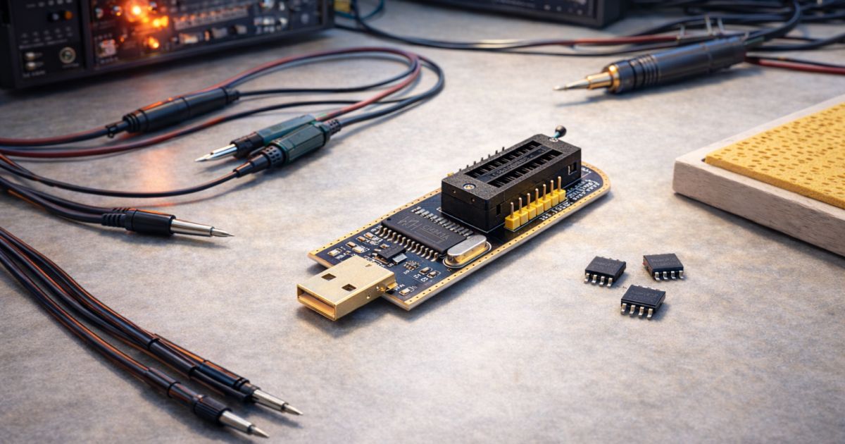 Egy USB-s EEPROM programozó mikrokontrolleres fejlesztőkörnyezetben, körülötte csatlakozókábelek, IC chipek és próbapanel láthatók.