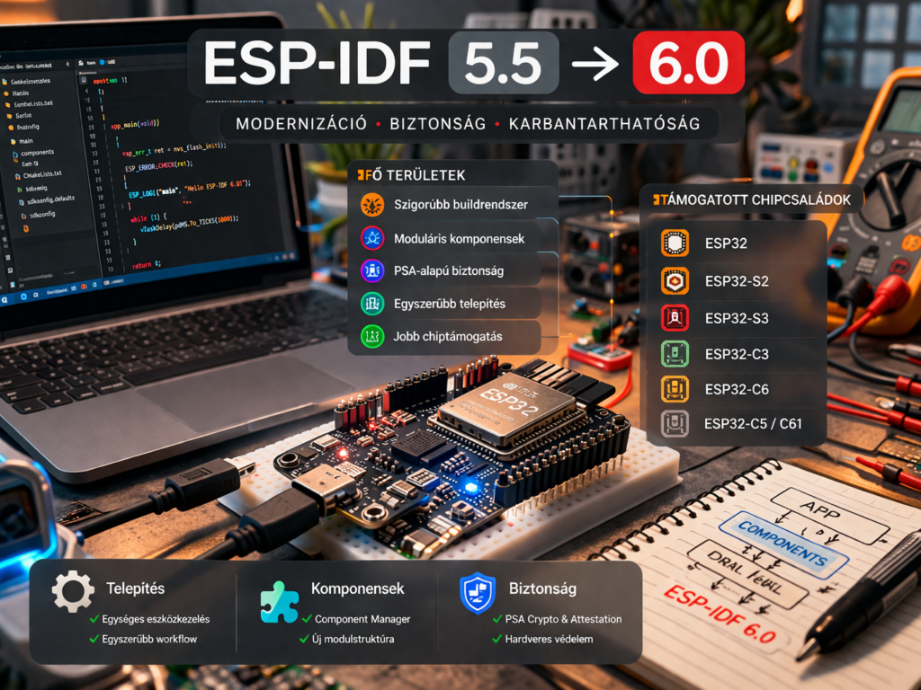Elektronikai munkaasztalon működő ESP32 mikrokontroller és kódoló laptop, amely az ESP-IDF firmware fejlesztés és beágyazott rendszer tanulás folyamatát szemlélteti.
