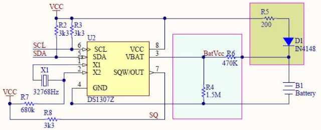 A DS1307, a töltőáramkör a dióda és az ellenállás valamint az akku feszültségosztója.