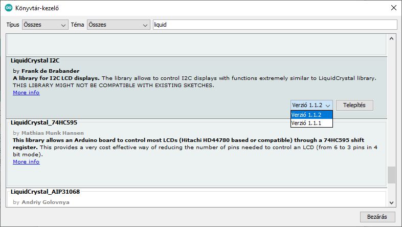 Az Arduino IDE Könyvtár-kezelő ablaka, amelyben a 