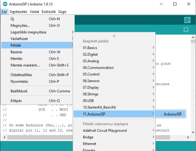 ArduinoISP szoftver elérhetősége